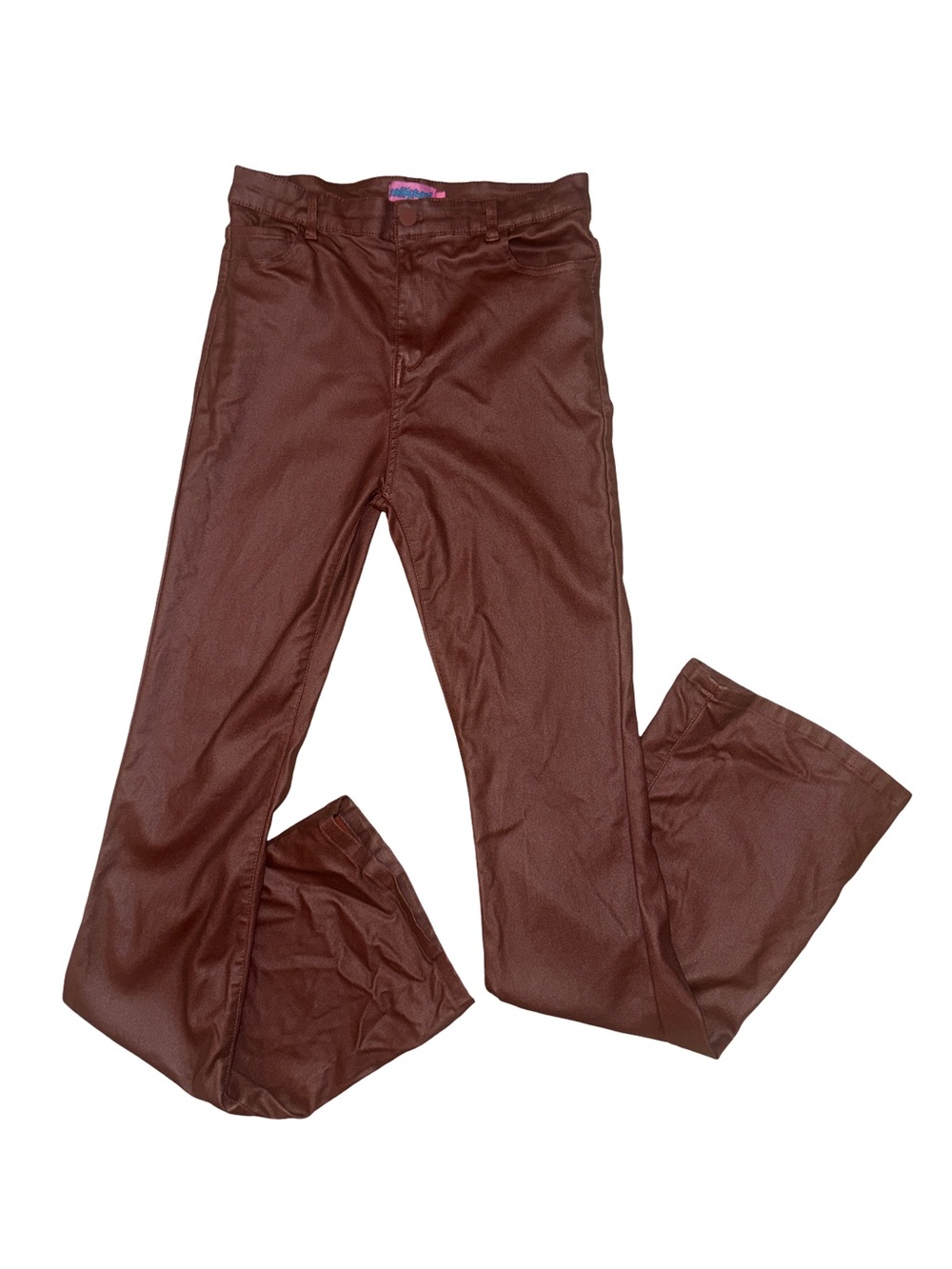 Edikted Brown Coated High Rise Flare Pants Size L Faux Leather Look Y2K